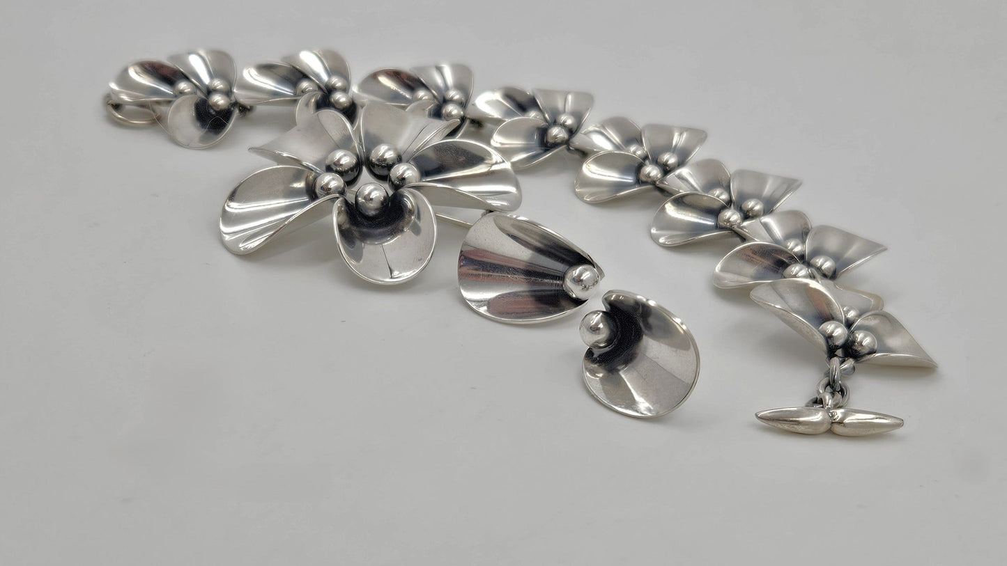 Niels Erik From Jewelry Danish NE From Sterling Modernist Flowers Demi Parure Set C. 1950s