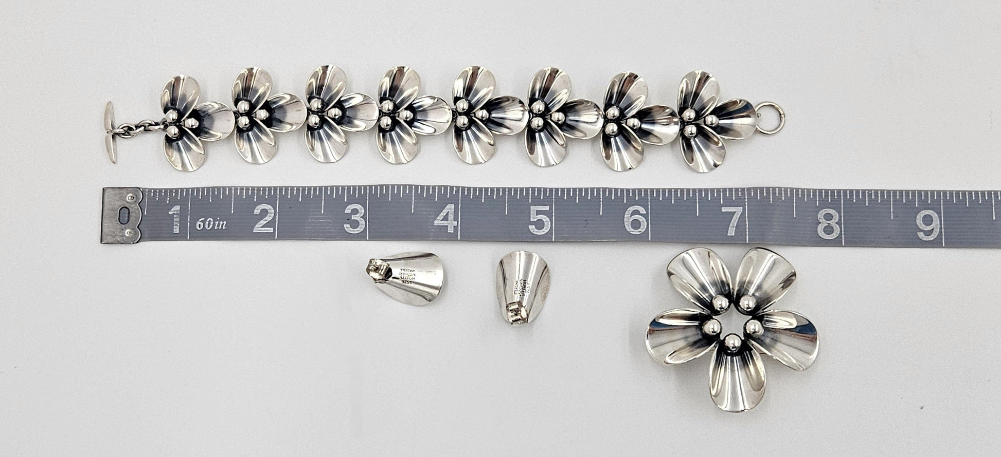 Niels Erik From Jewelry Danish NE From Sterling Modernist Flowers Demi Parure Set C. 1950s