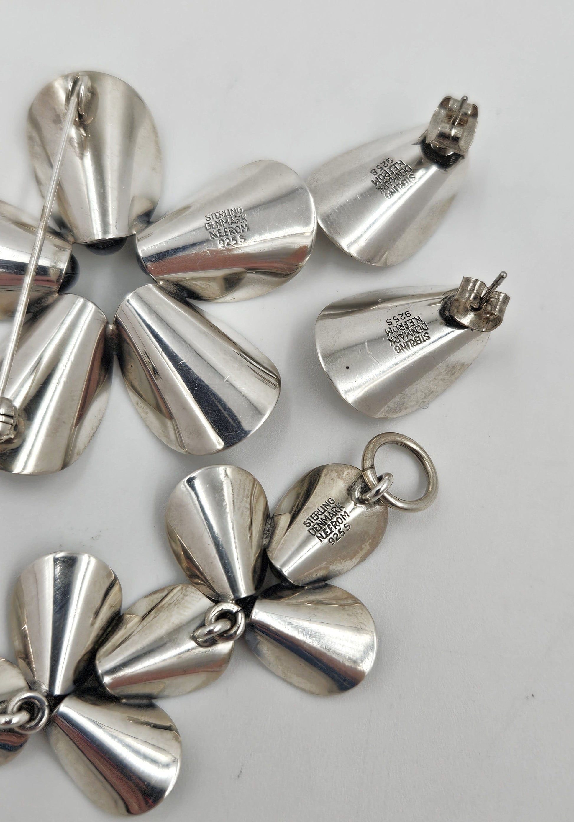 Niels Erik From Jewelry Danish NE From Sterling Modernist Flowers Demi Parure Set C. 1950s