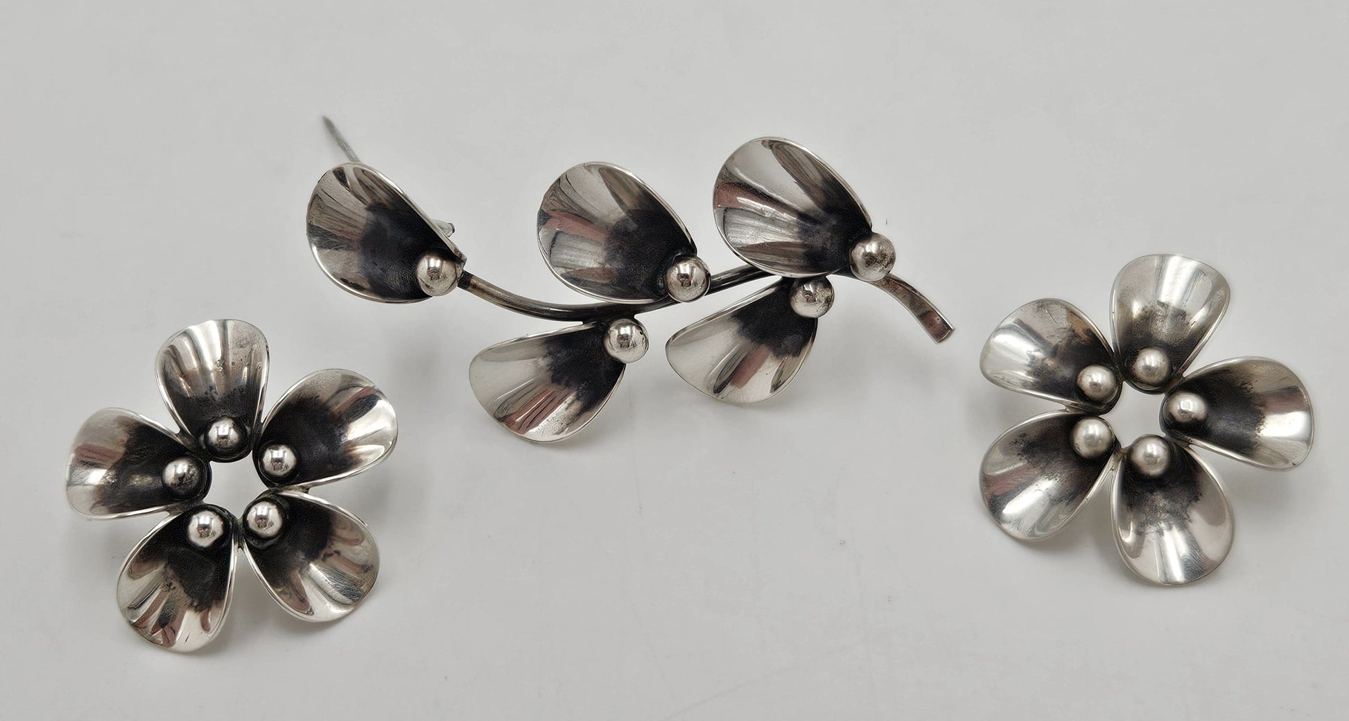 Niels Erik From Jewelry **Danish Niels Erik From Sterling Modernist Flowers Demi Parure Set C. 1940/50s