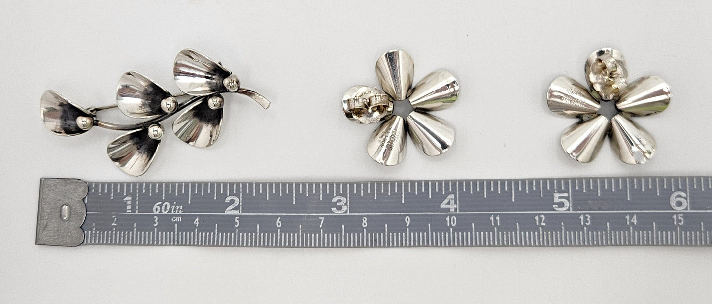Niels Erik From Jewelry **Danish Niels Erik From Sterling Modernist Flowers Demi Parure Set C. 1940/50s