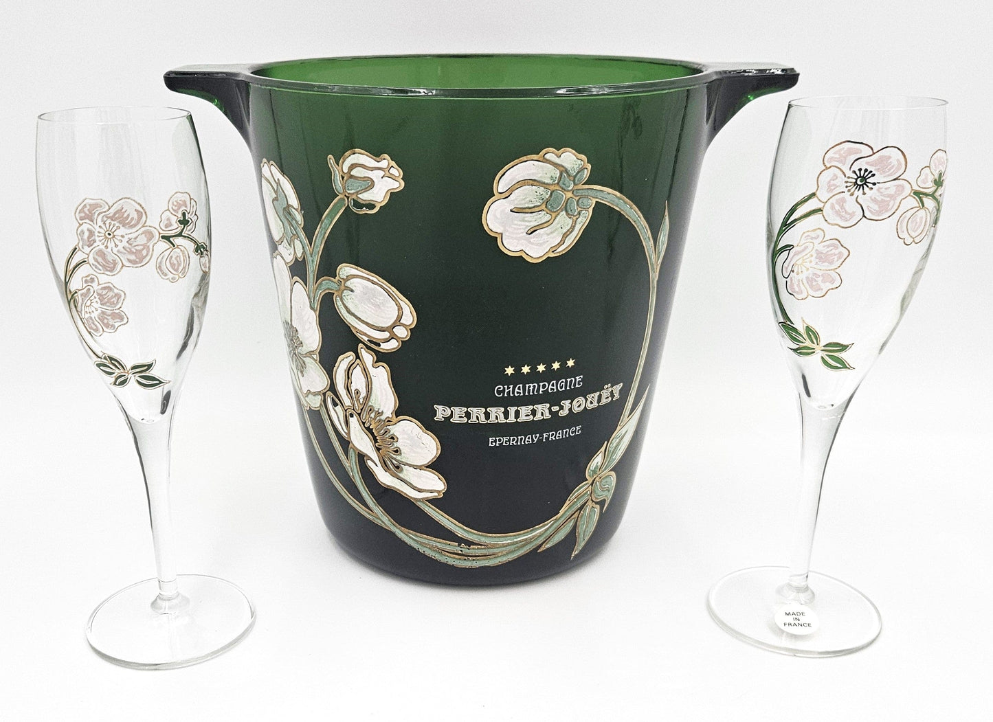 Perrier Jouet France Barware Perrier Jouet France Blown Glass Hand-Painted Champagne Chiller Flute Set 60s