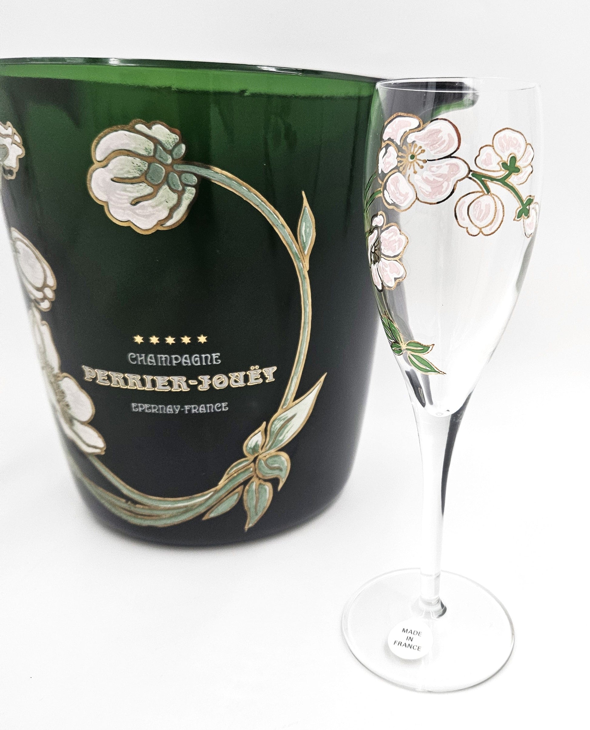 Perrier Jouet France Barware Perrier Jouet France Blown Glass Hand-Painted Champagne Chiller Flute Set 60s