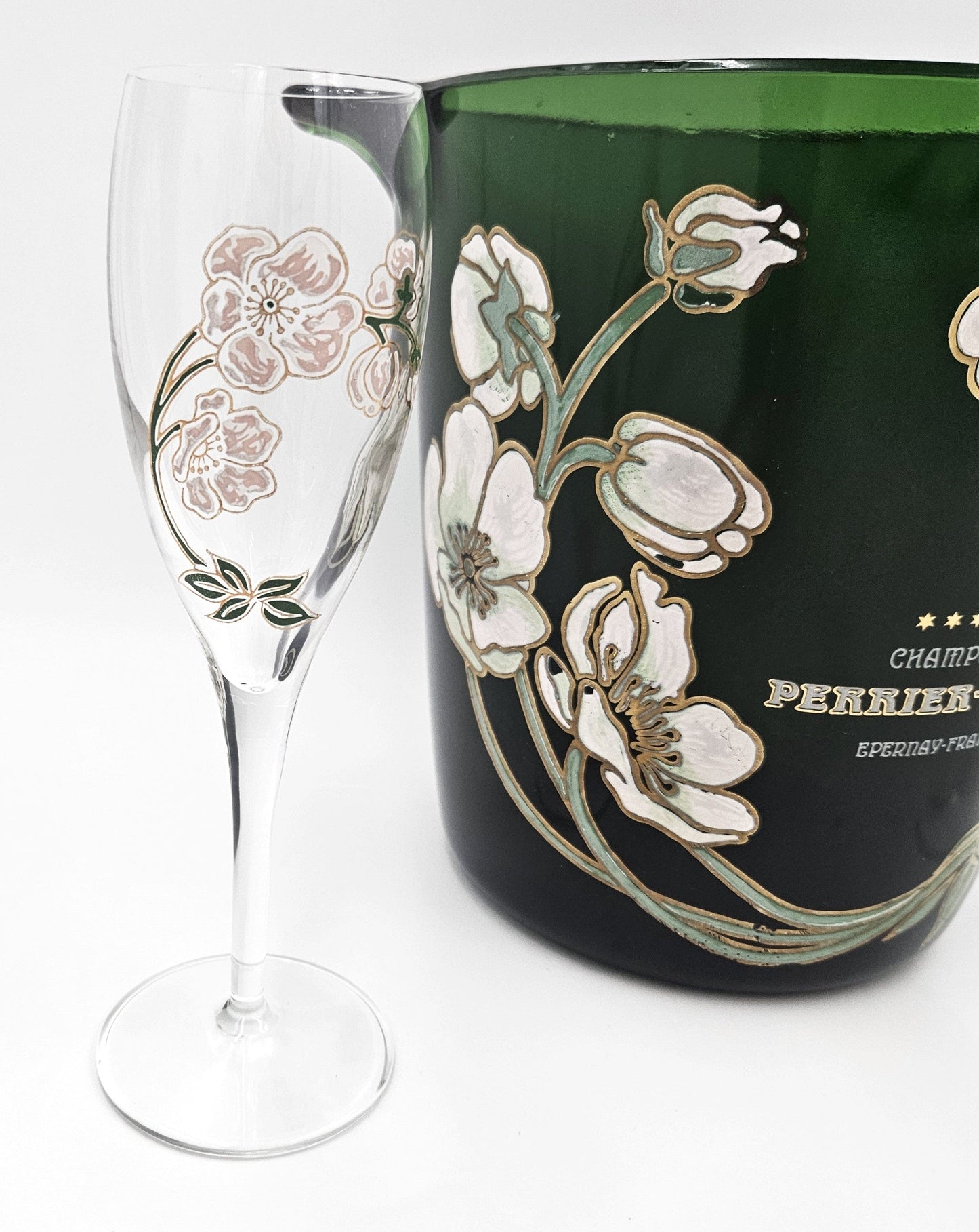 Perrier Jouet France Barware Perrier Jouet France Blown Glass Hand-Painted Champagne Chiller Flute Set 60s