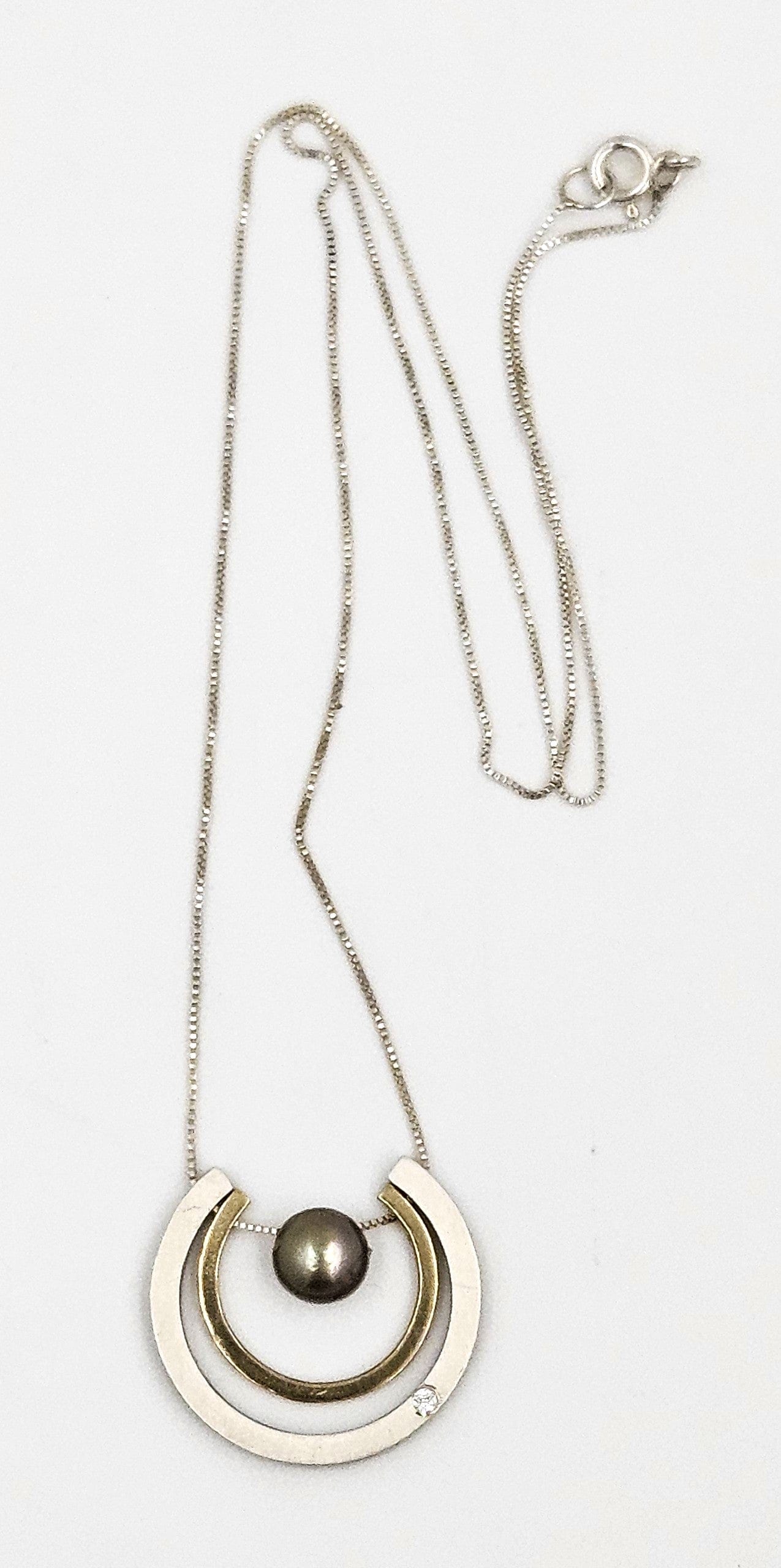PM Jewelry Designer Signed 925 10K Silver Diamond & Pearl Pendant Necklace