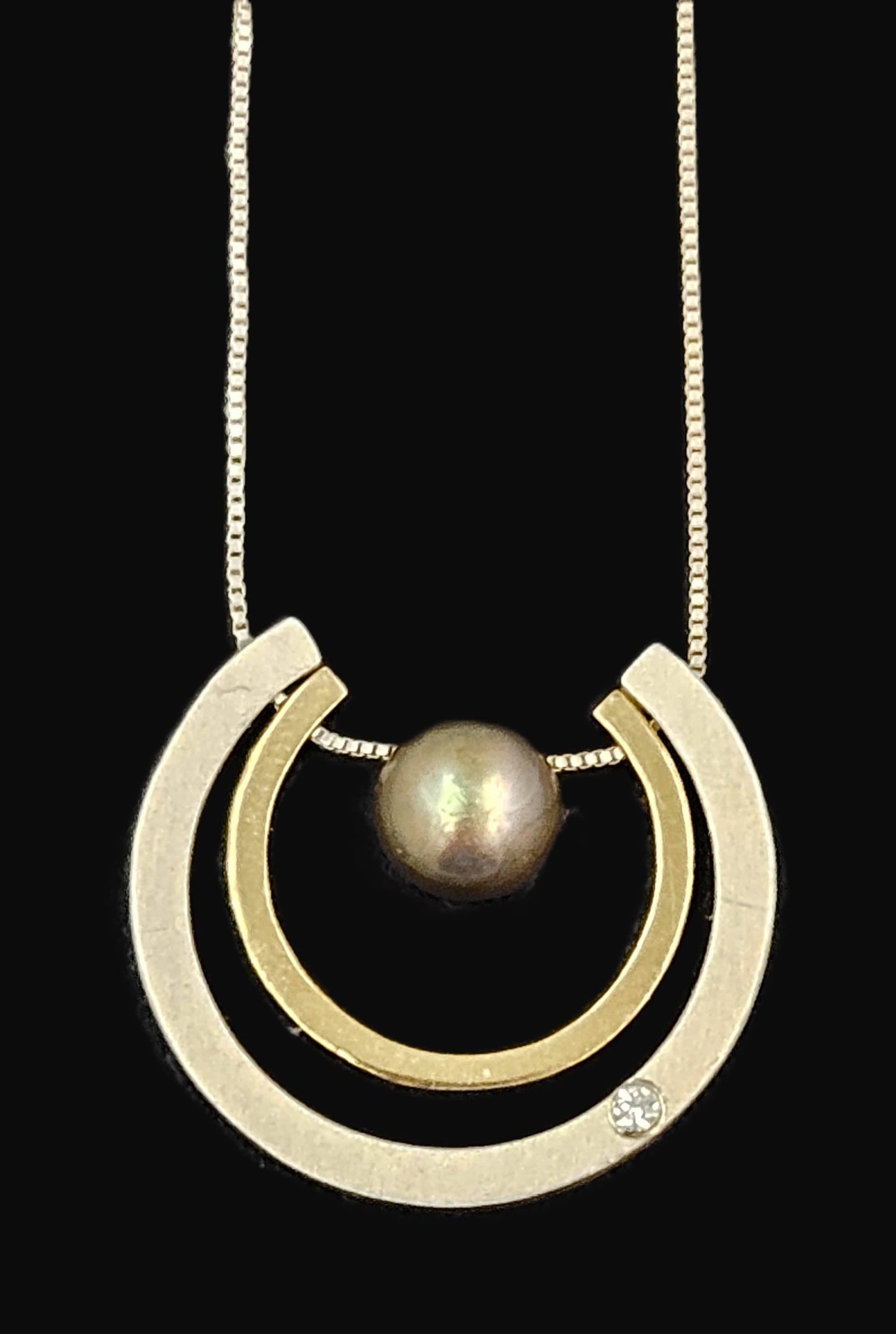 PM Jewelry Designer Signed 925 10K Silver Diamond & Pearl Pendant Necklace