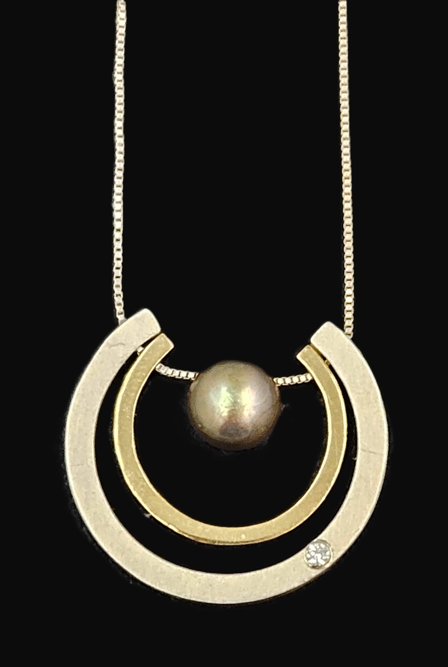 PM Jewelry Designer Signed 925 10K Silver Diamond & Pearl Pendant Necklace