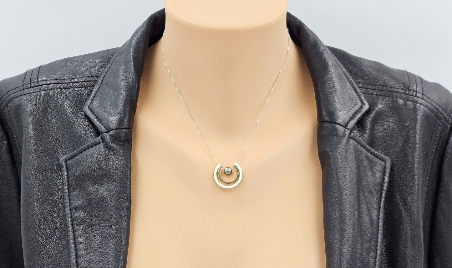 PM Jewelry Designer Signed 925 10K Silver Diamond & Pearl Pendant Necklace