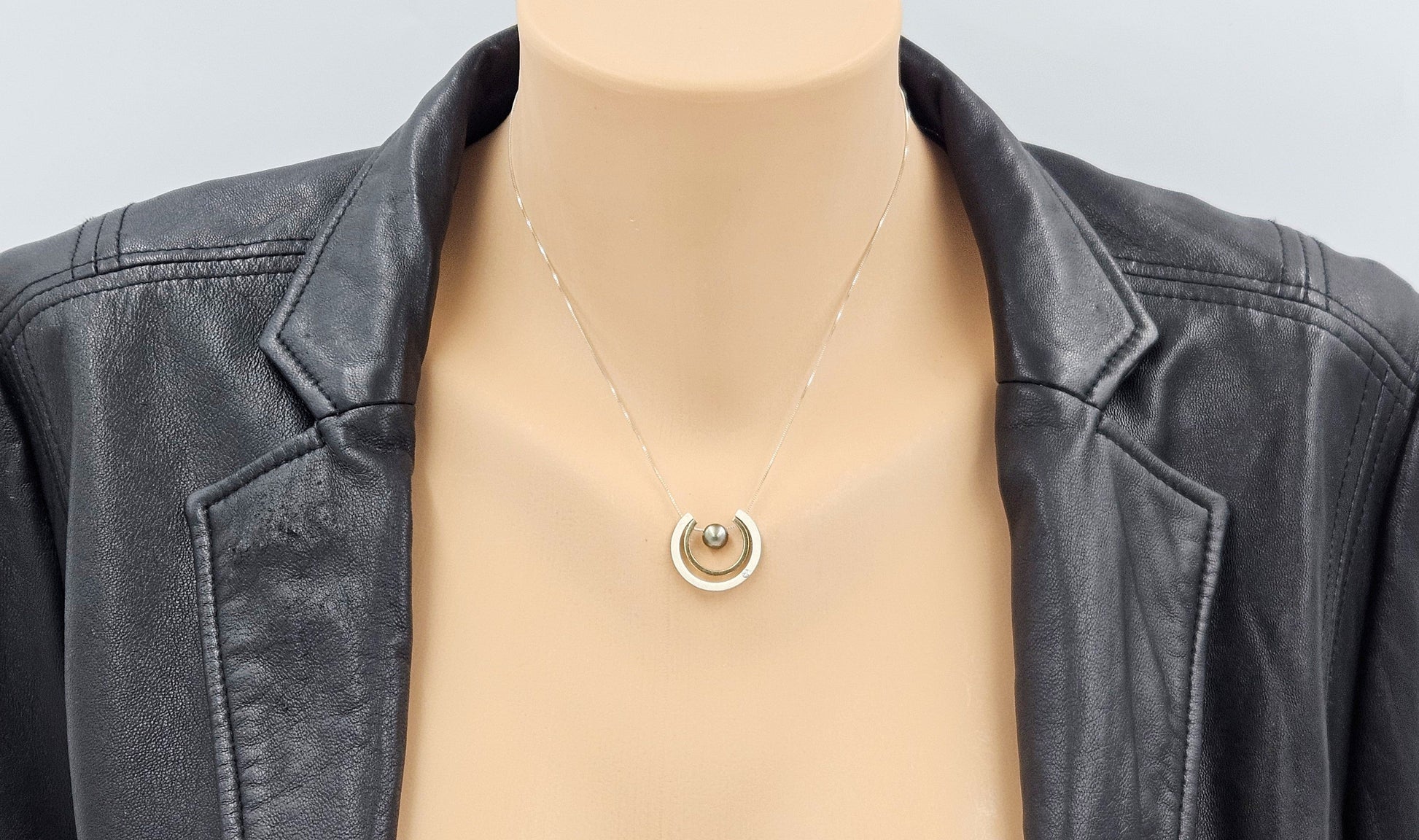 PM Jewelry Designer Signed 925 10K Silver Diamond & Pearl Pendant Necklace