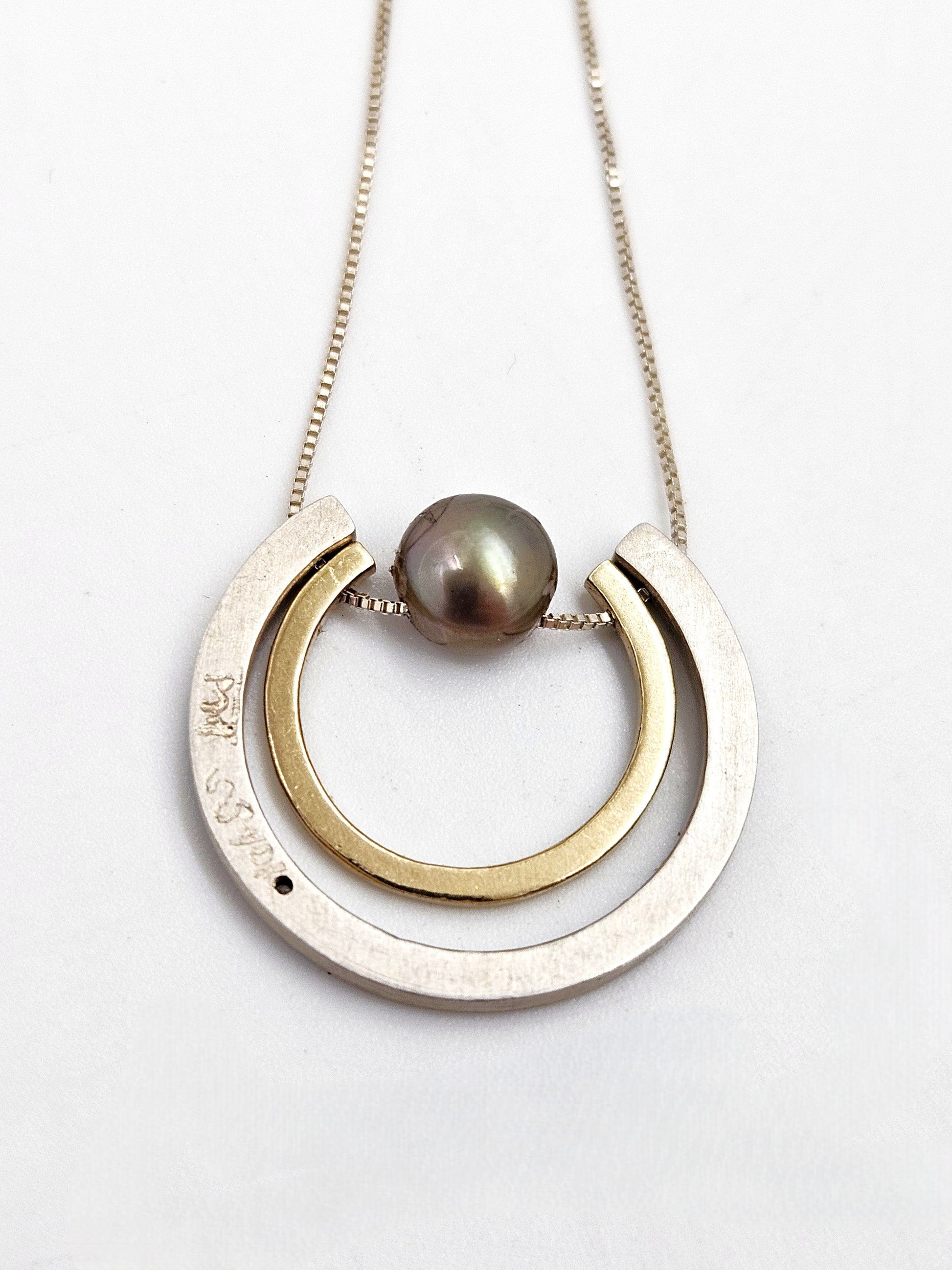 PM Jewelry Designer Signed 925 10K Silver Diamond & Pearl Pendant Necklace