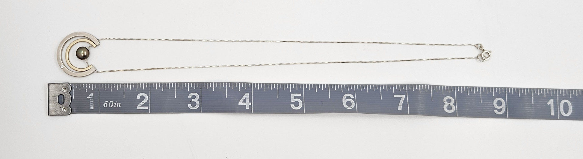 PM Jewelry Designer Signed 925 10K Silver Diamond & Pearl Pendant Necklace