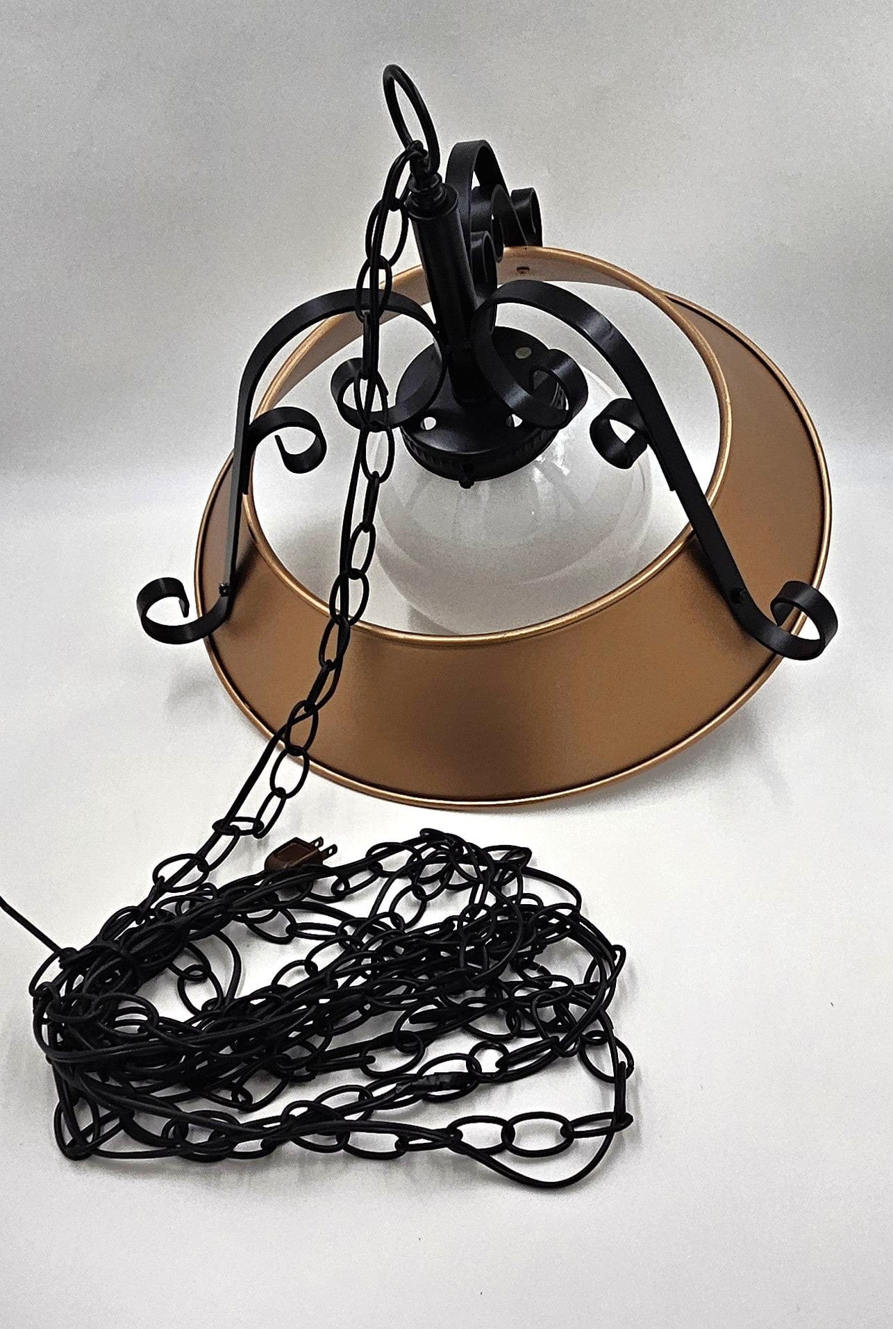 Refurbished MCM Swag Chandelier Lighting Superb 1960's Wrought Iron + Enameled Steel & Glass Globe Swag Chandelier