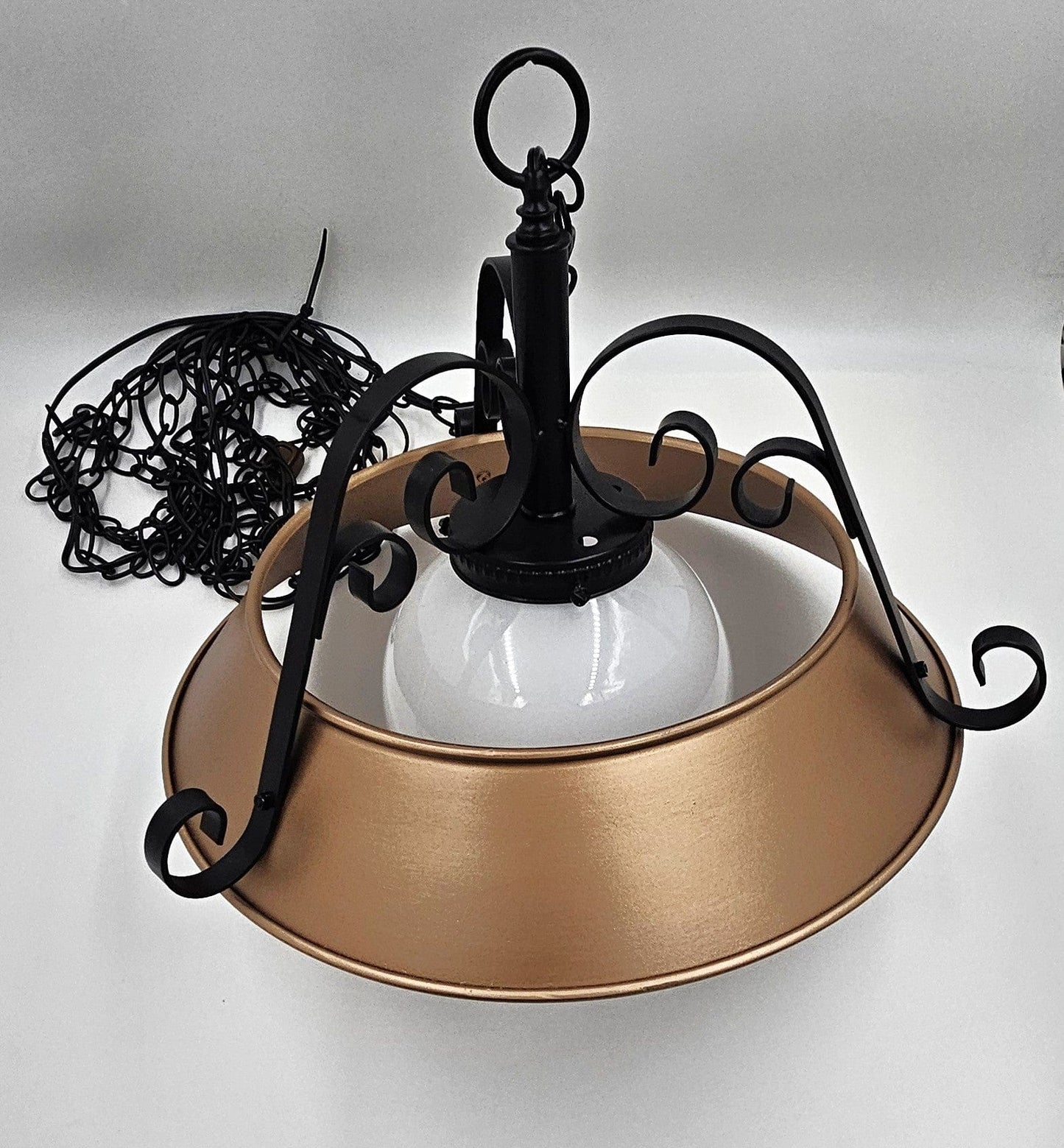 Refurbished MCM Swag Chandelier Lighting Superb 1960's Wrought Iron + Enameled Steel & Glass Globe Swag Chandelier