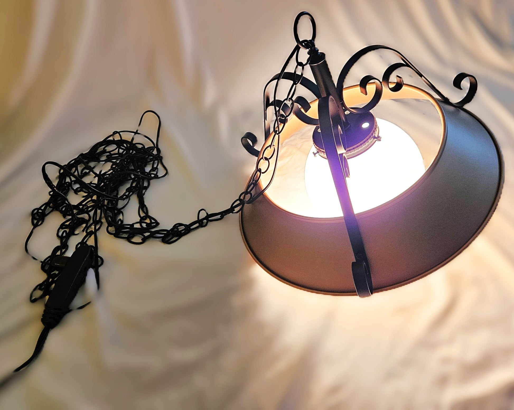 Refurbished MCM Swag Chandelier Lighting Superb 1960's Wrought Iron + Enameled Steel & Glass Globe Swag Chandelier