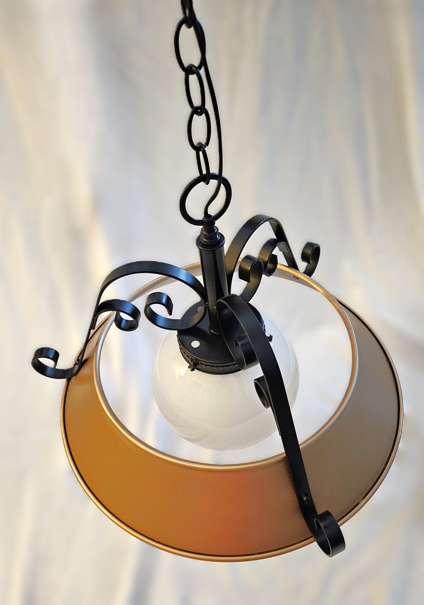 Refurbished MCM Swag Chandelier Lighting Superb 1960's Wrought Iron + Enameled Steel & Glass Globe Swag Chandelier