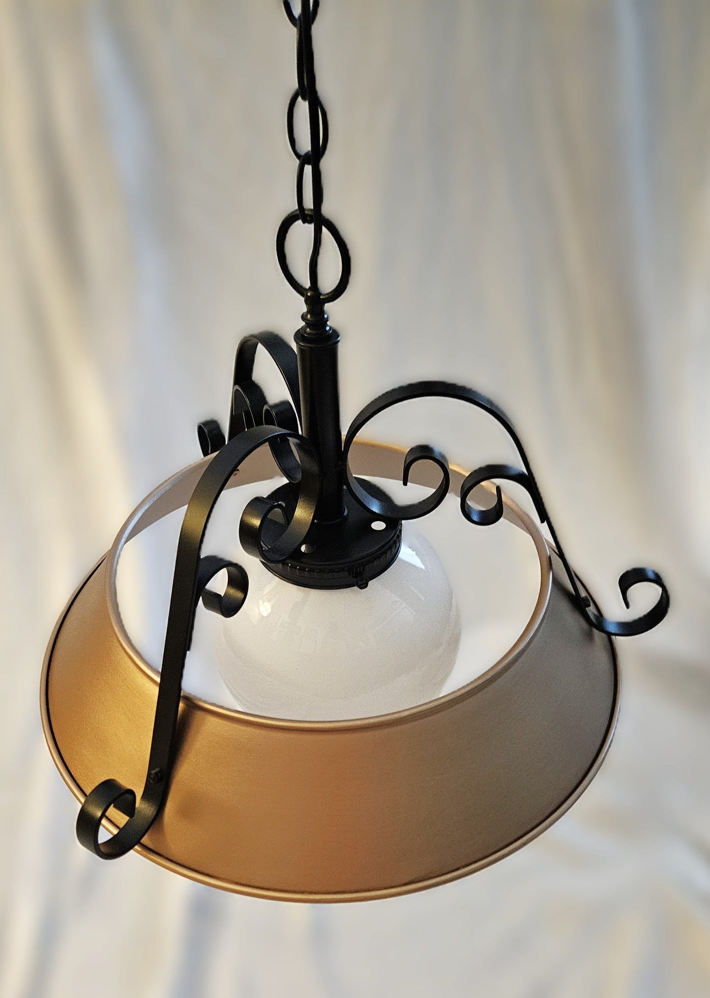Refurbished MCM Swag Chandelier Lighting Superb 1960's Wrought Iron + Enameled Steel & Glass Globe Swag Chandelier