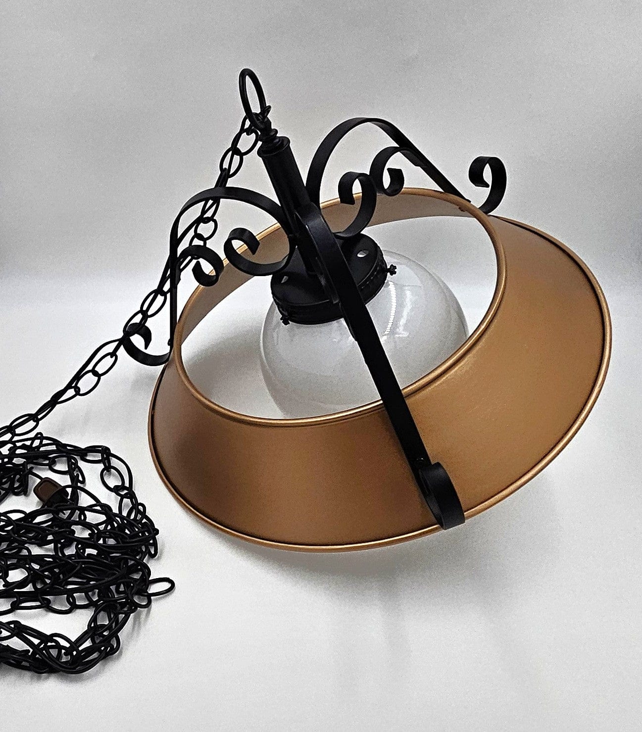 Refurbished MCM Swag Chandelier Lighting Superb 1960's Wrought Iron + Enameled Steel & Glass Globe Swag Chandelier