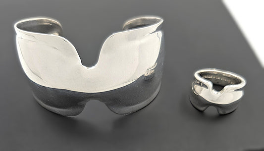Robert Lee Morris Jewelry Robert Lee Morris Sterling Modernist Bone Cuff Bracelet Matching Ring Set 80's