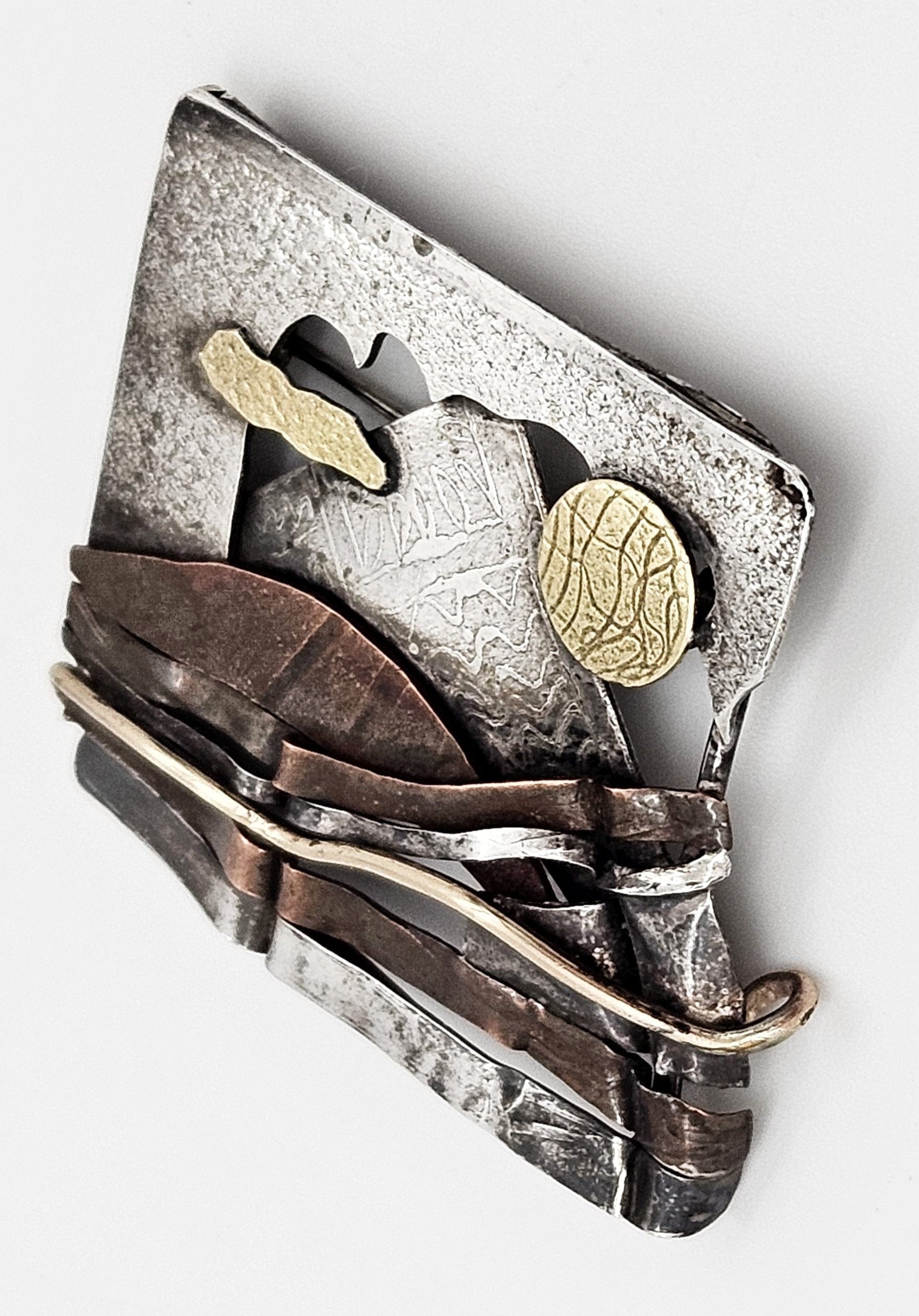 SRH Sterling Jewelry Vintage Artisan Signed SRH Sterling & Mixed Metals Abstract Mod Brooch