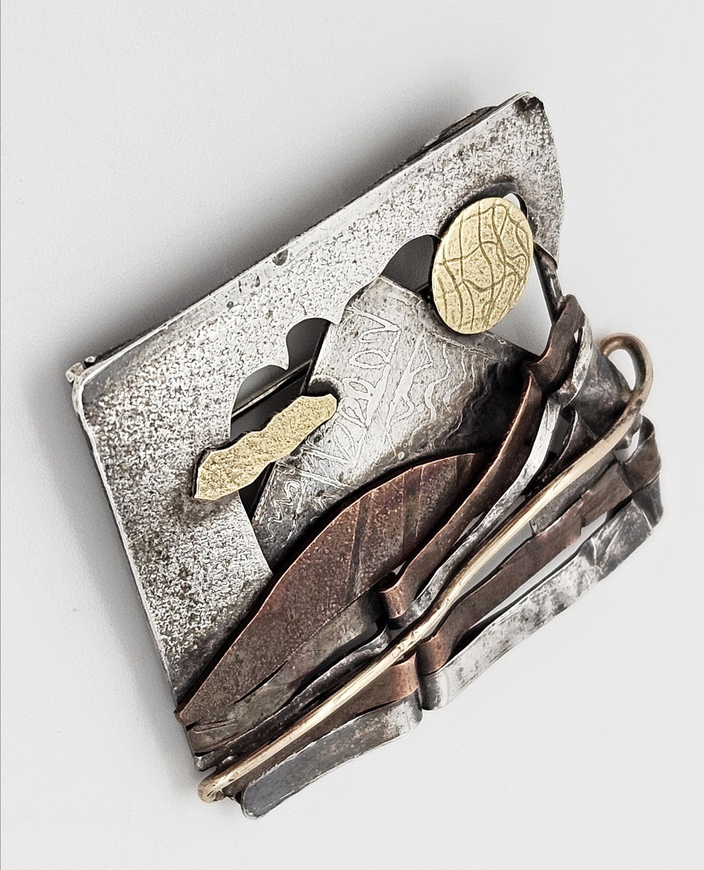 SRH Sterling Jewelry Vintage Artisan Signed SRH Sterling & Mixed Metals Abstract Mod Brooch