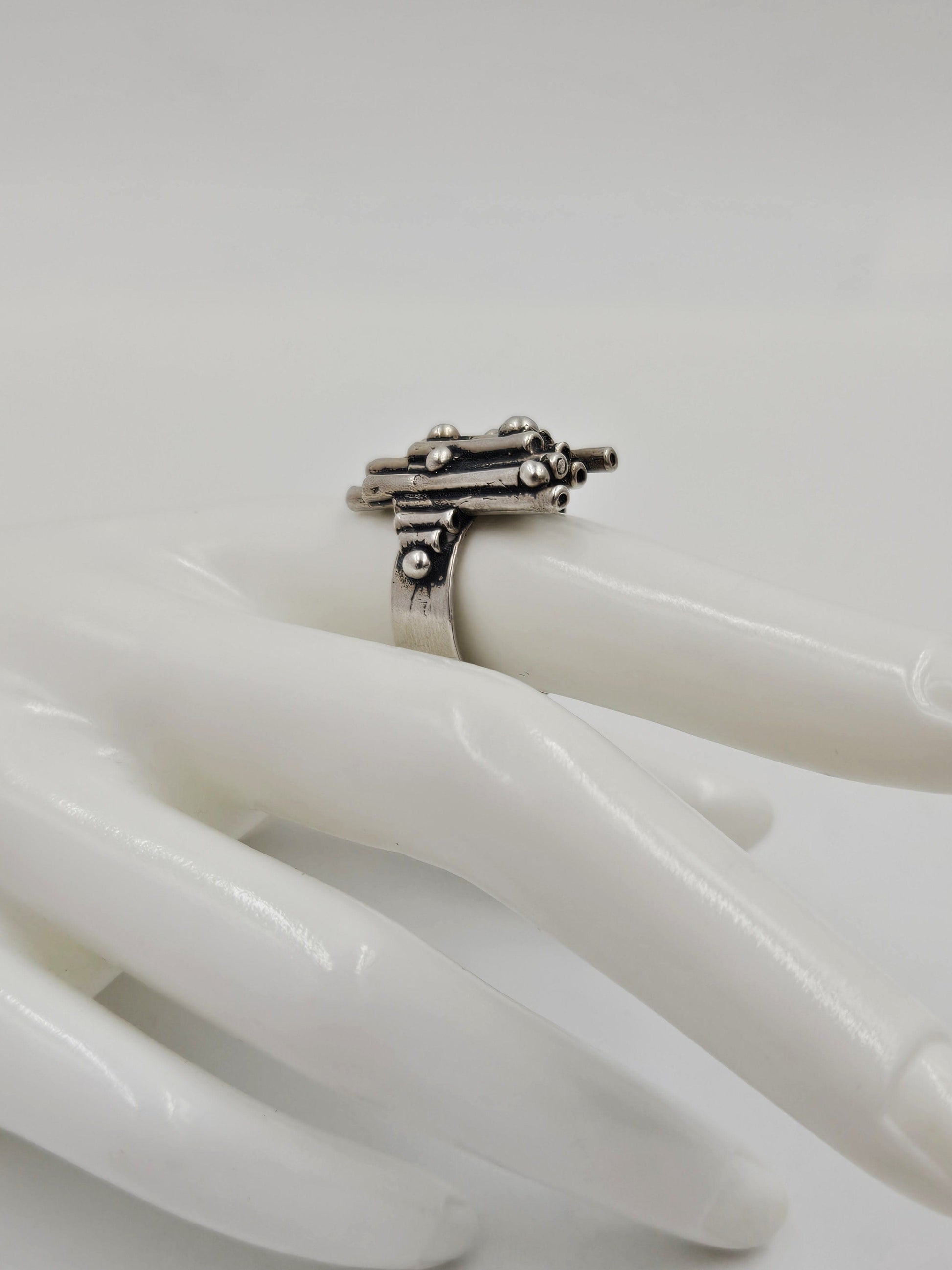 ST 925 Brutalist Ring Jewelry Artisan Signed Sterling Abstract Modernist Brutalist 3D Statement Ring C. 1960s