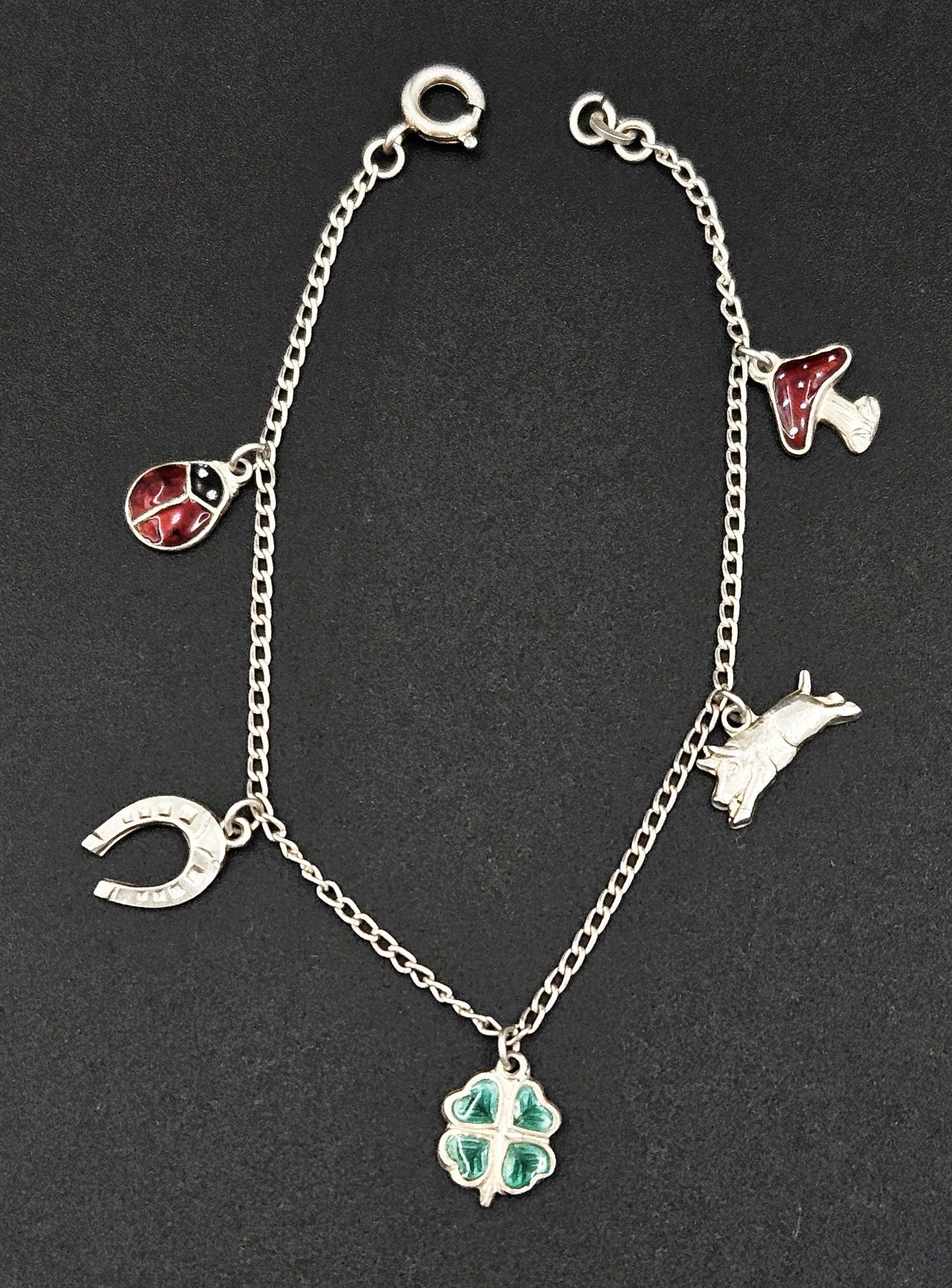 Sterling Scandinavian Lucky Charms Bracelet Jewelry Set of 2 Scandinavian Sterling & Enamel Lucky Charms Bracelets 1940/1950s