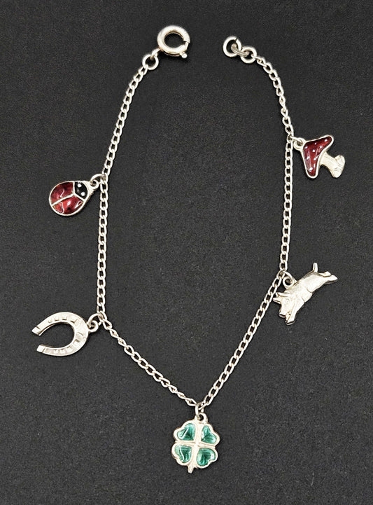 Sterling Scandinavian Lucky Charms Bracelet Jewelry Set of 2 Scandinavian Sterling & Enamel Lucky Charms Bracelets 1940/1950s