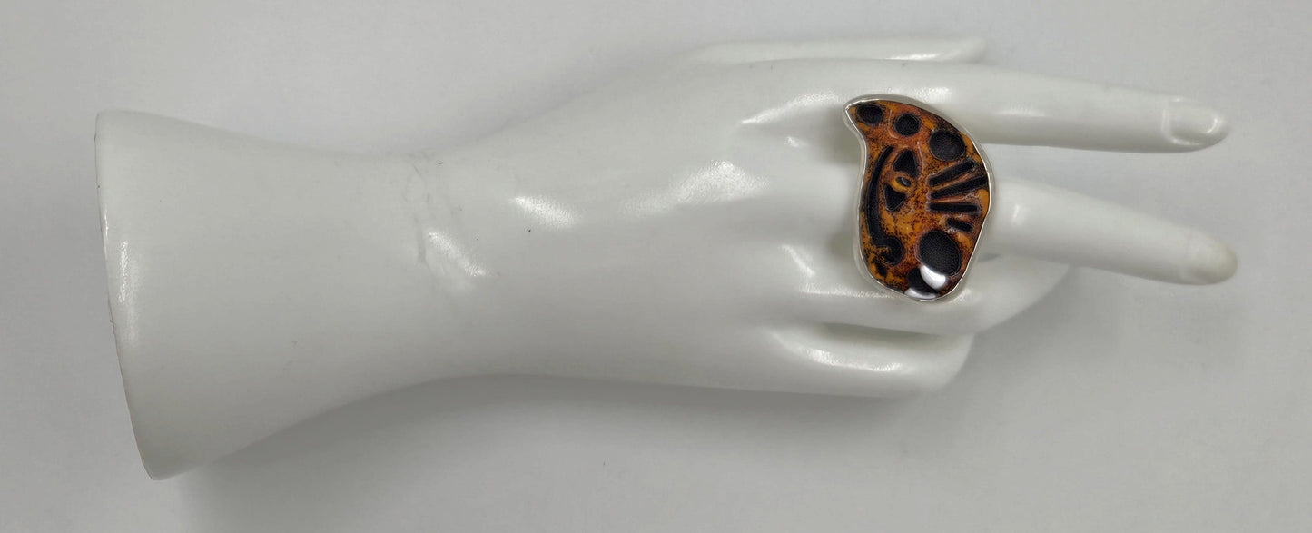 Taxco 925 Ring Jewelry Taxco Sterling & Enamel 3D Abstract Tiger Cat Face Cocktail Ring Signed 1960s