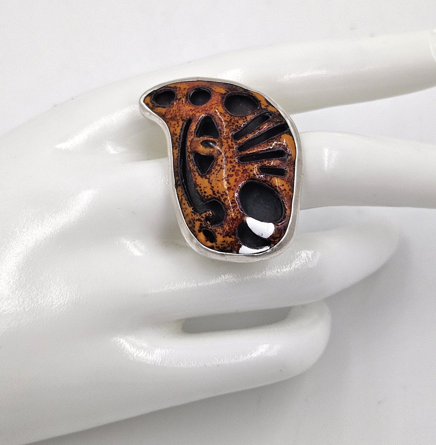 Taxco 925 Ring Jewelry Taxco Sterling & Enamel 3D Abstract Tiger Cat Face Cocktail Ring Signed 1960s