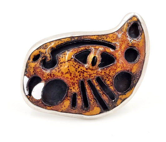 Taxco 925 Ring Jewelry Taxco Sterling & Enamel 3D Abstract Tiger Cat Face Cocktail Ring Signed 1960s