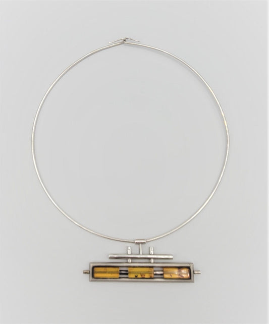 925 Amber Neck Ring Jewelry Vintage Designer Sterling & Amber Abstract Modernist Pendant Neck Ring 1980s