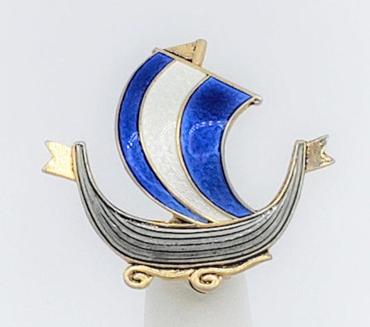 Aksel Holmsen Jewelry Aksel Holmsen Norway Sterling Enamel VIKING Longboat Pin Brooch Circa 1950's