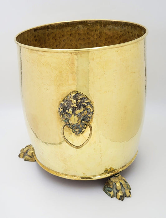 Antique Brass Planter Home Decor Early 1900's English XL Brass Lions Head Handled Paw Footed Planter Jardinière