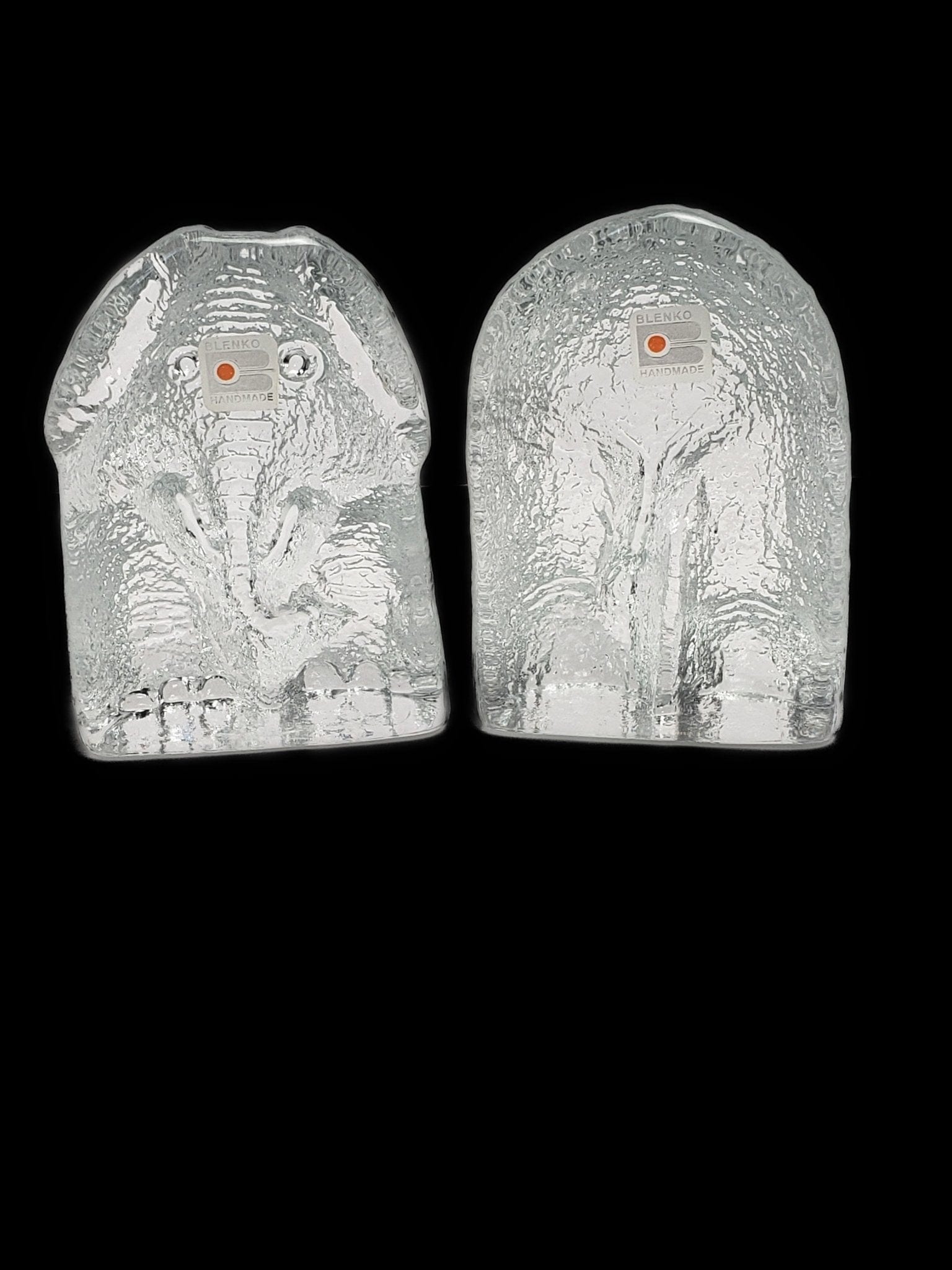 Blenko Bookends Vintage Clear Blenko Glass Clear Elephant Head & Tail Bookend Set Mint Cond