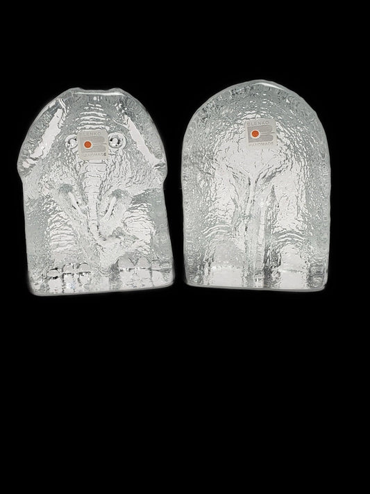 Blenko Bookends Vintage Clear Blenko Glass Clear Elephant Head & Tail Bookend Set Mint Cond