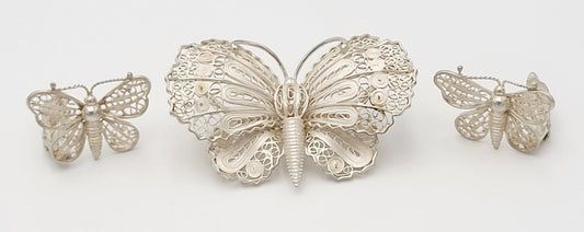 Danish Sterling Jewelry US Imported Danish Sterling Filagree Butterfly Brooch & Earring Set Circa 1930s