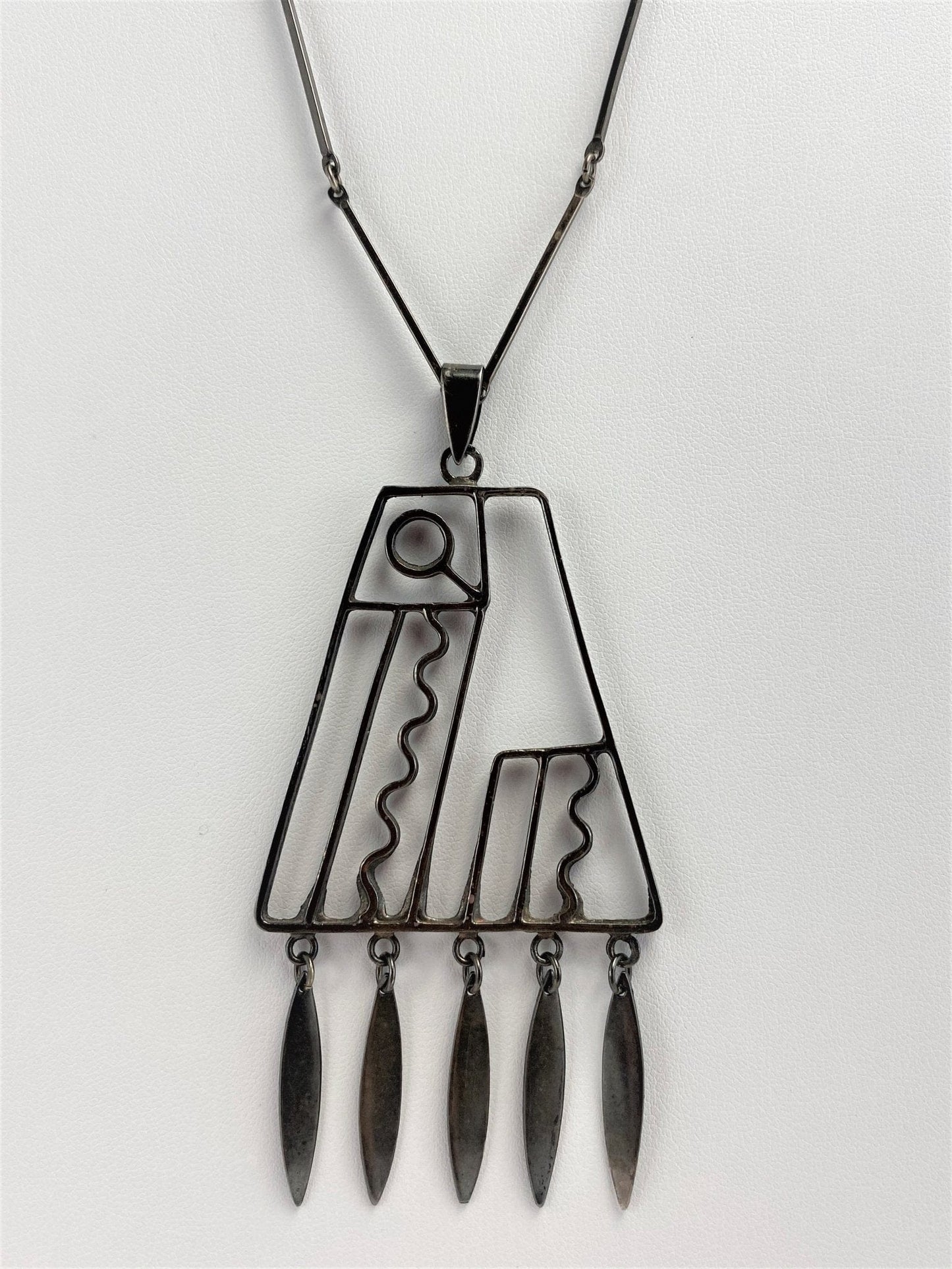 Israel Jewelry Oxidized Sterling Silver Israel Abstract Modernist Pendant Necklace 1960's