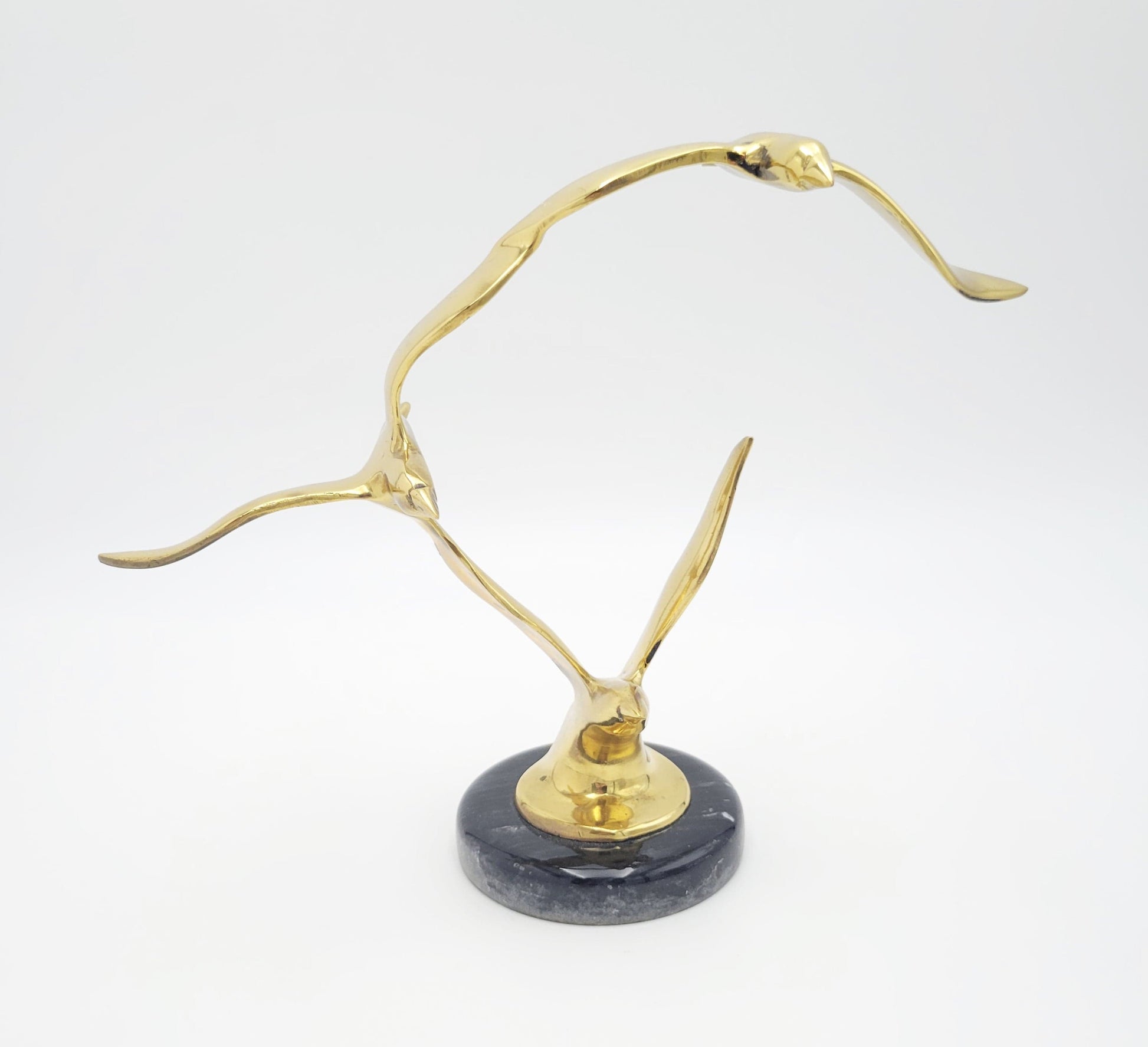 Jere Style Sculpture Sculpture Vintage Jere Style Shiny Brass Modernist Birds in Flight Sculpture Marble Base