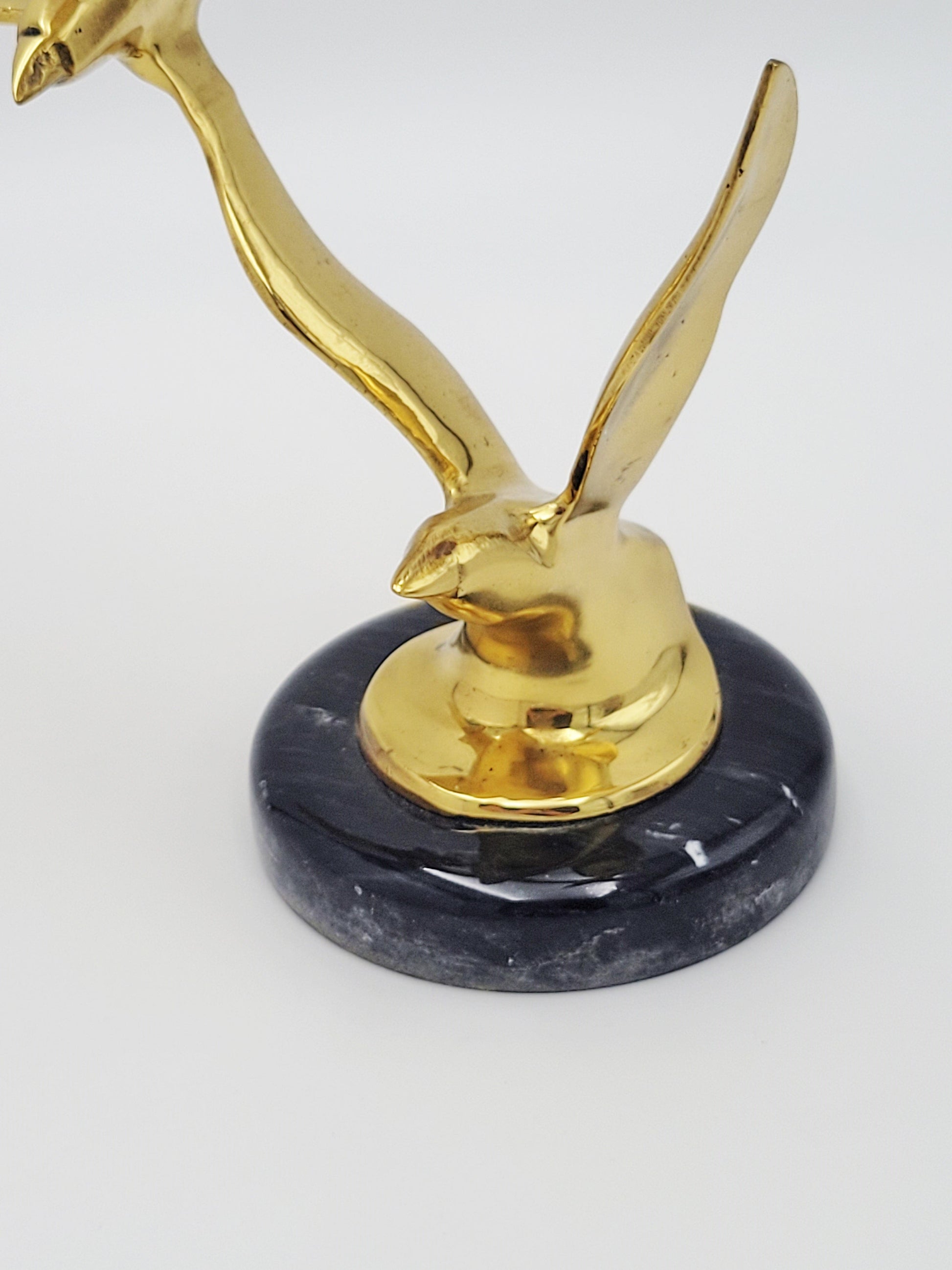 Jere Style Sculpture Sculpture Vintage Jere Style Shiny Brass Modernist Birds in Flight Sculpture Marble Base