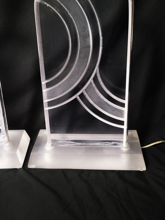 Karl Springer Lighting MCM Karl Springer Heavy Solid Lucite Carved Abstract Design Table Lamp Set