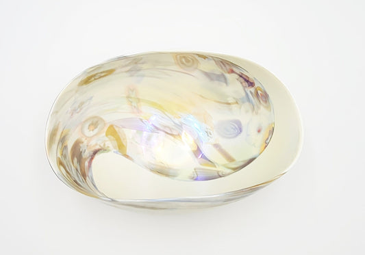 Murano Italy Centerpiece Decorative Bowl Italian Murano Glass Millefiori Cream Colored Curled Edge Décor Bowl C. 1990s