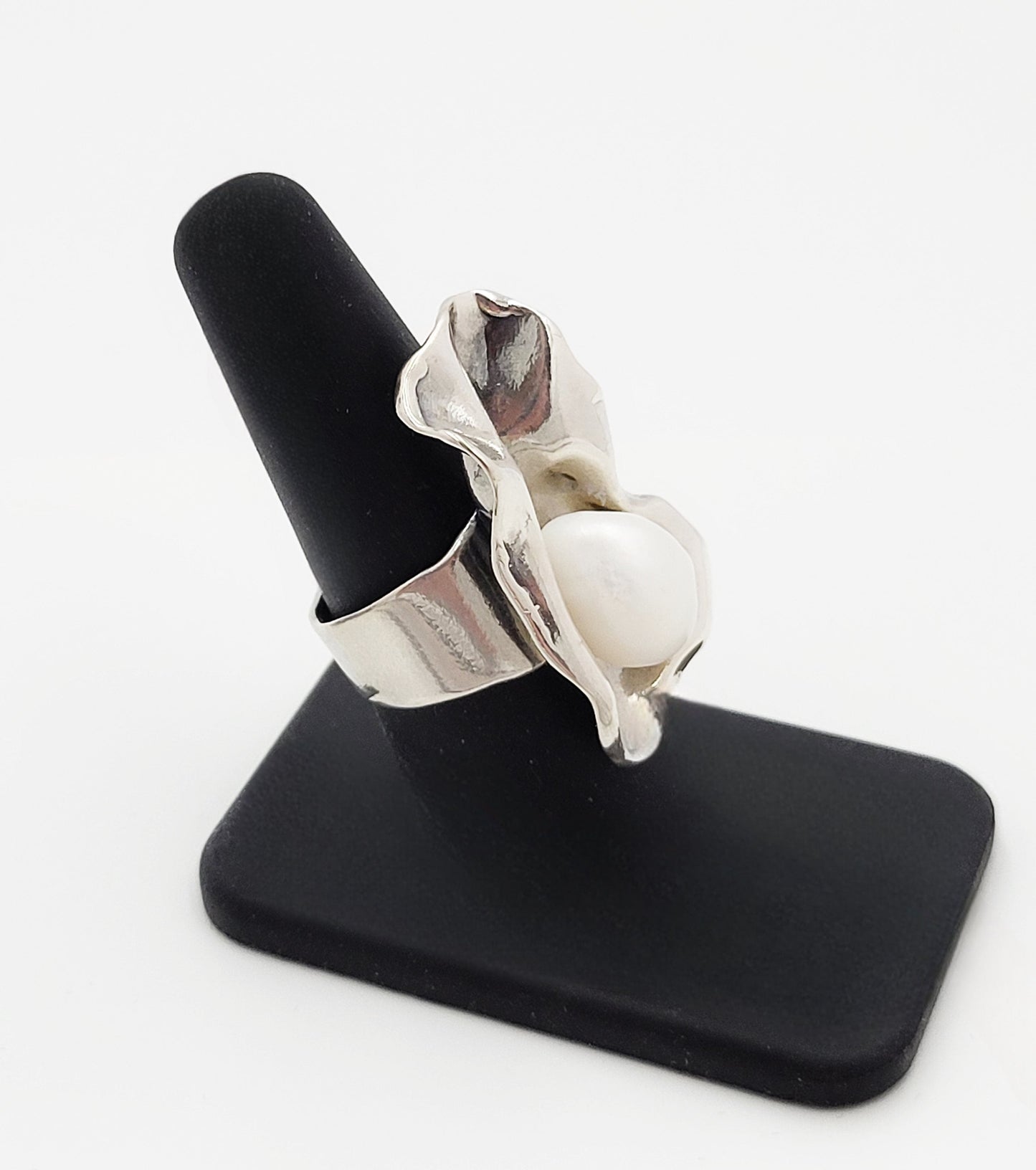 Sterling Ring Jewelry Vintage Sterling Silver & Pearl Large Bold Abstract Modernist Cocktail Ring