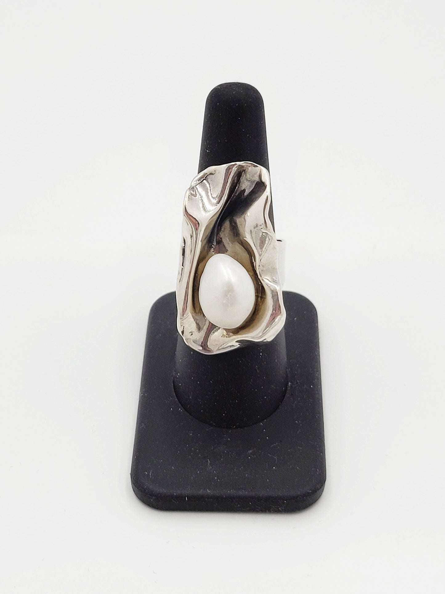 Sterling Ring Jewelry Vintage Sterling Silver & Pearl Large Bold Abstract Modernist Cocktail Ring