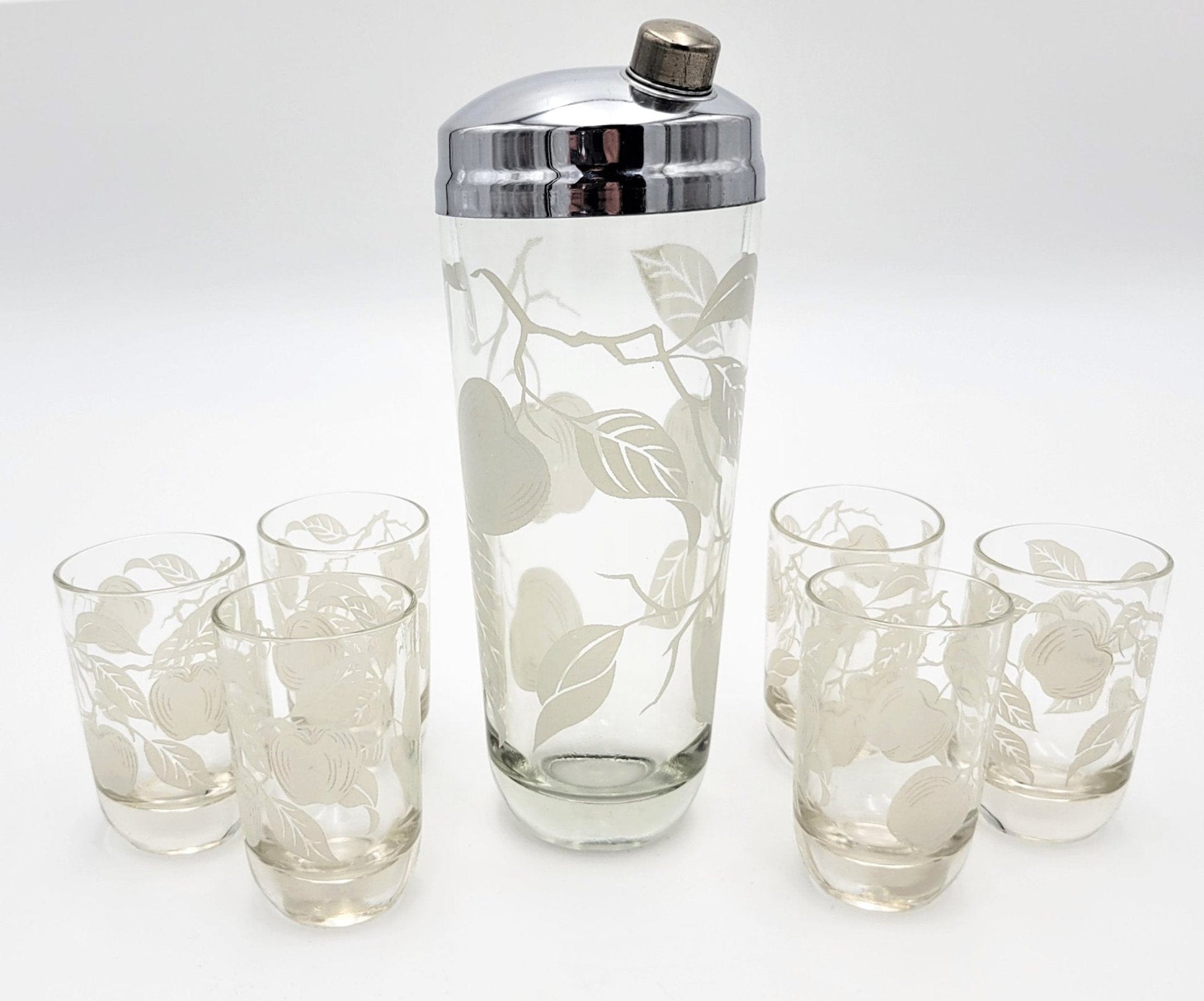 Vintage Barware Barware Vintage Lead Crystal Apples Leaves Martini Shaker w/ Matching Glassware Set '50s