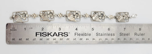 Vintage Sterling Bracelet Jewelry Art Deco Raised Relief Flora Fauna Sterling Silver Panel Links Bracelet 40/50s